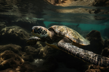 sea turtle swimming underwater, its flippers and shell glistening in the water, created with generative aiの素材