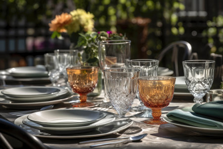 tasteful outdoor table setting with glassware, plates, and silverware, created with generative aiの素材