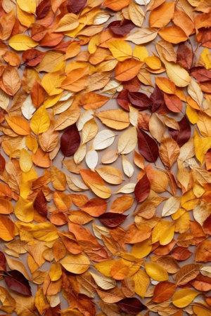 spiral pattern of assorted fall leaves on a flat lay, created with generative aiの素材