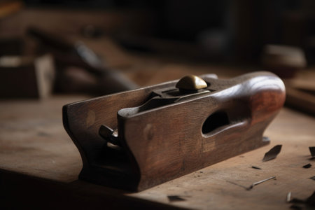 close-up of woodworkers hand plane, with freshly planed surface visible, created with generative aiの素材