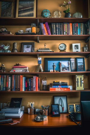 business books and motivational literature on a shelf, created with generative aiの素材