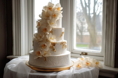 decadent three-tiered cake with buttercream frosting and delicate sugar orchids, created with generative aiの素材