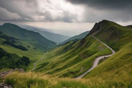 mountain landscape, with winding road and clouded sky, on a journey of discovery, created with generative aiの素材