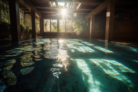 sparkling pool of water, with sunlight filtering through the surface, created with generative aiの素材