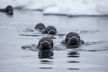 group of seal pups playing and swimming in the frigid water, created with generative aiの素材