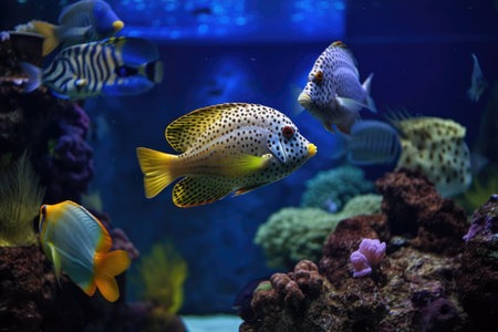 tropical fish and marine life in aquarium with view of the sea, created with generative aiの素材