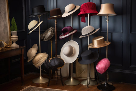vintage hat stand filled with elegant and stylish hats in various shapes and sizes, created with generative aiの素材