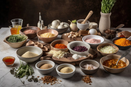 a bowl of deconstructed recipe ingredients, with each ingredient separated and presented in its own individual element, created with generative aiの素材