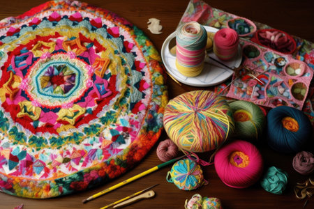 knitting project with intricate and colorful patterns, created with generative aiの素材