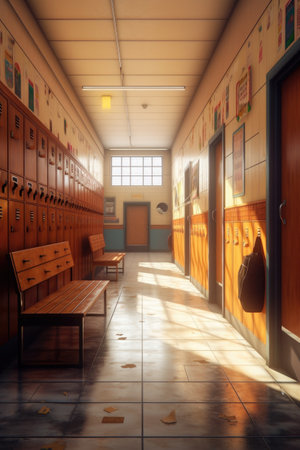 school hallway with lockers and empty benches, created with generative aiの素材