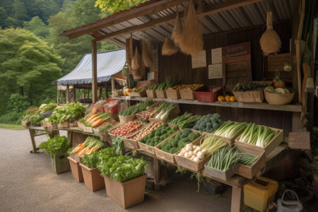 busy vegetable stand with diverse selection of produce and handmade signs, created with generative aiの素材