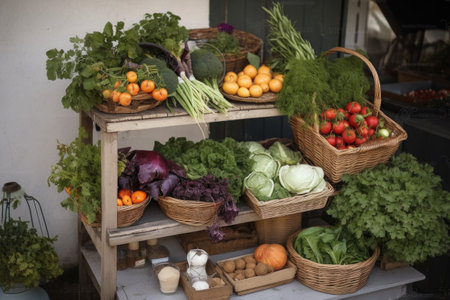 mini vegetable stand with bunches of fresh herbs and vegetables in basket, created with generative aiの素材