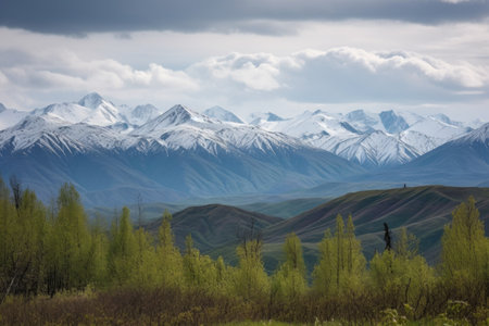 densely forested mountain range, with snow-capped peaks visible on the horizon, created with generative aiの素材