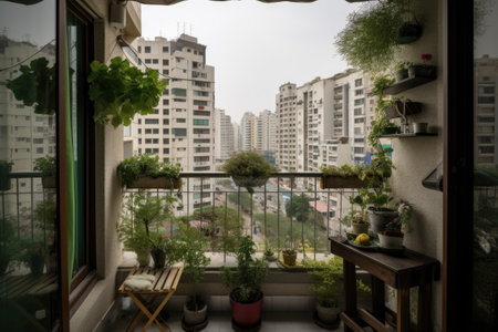 breathtaking view of the city and the window garden on a balcony, created with generative aiの素材