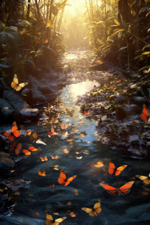 butterflies flocking around a water source, created with generative aiの素材