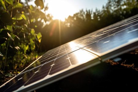 close-up of solar panel, with the sun shining down on it, created with generative aiの素材