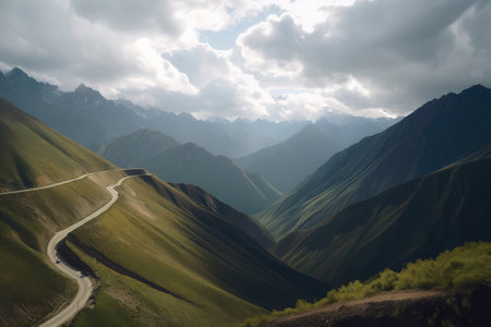 majestic mountain range, with winding road and fluffy clouds in the sky, created with generative aiの素材