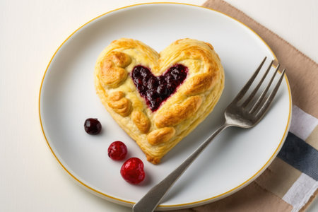 heart-shaped danish pastry on a white plate, with red fruit filling visible, created with generative aiの素材