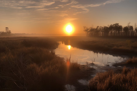 marsh at sunrise, with the sun rising over the horizon, created with generative aiの素材