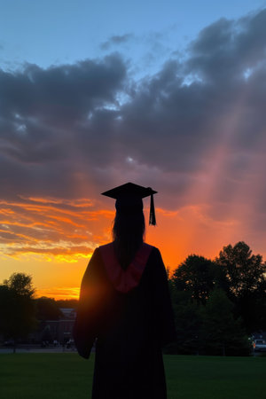 graduation cap silhouette against a sunset sky, created with generative aiの素材