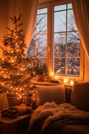 christmas tree with twinkling fairy lights in a cozy living room, created with generative aiの素材