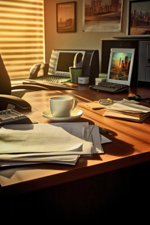 office desk with hr documents and coffee mug, created with generative aiの素材