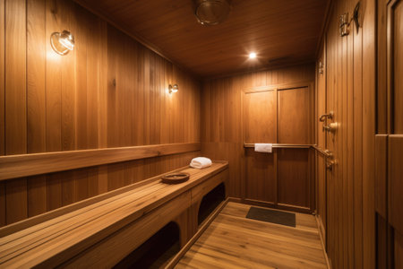 sauna steam room, with relaxing music and aromatherapy, for after a workout or yoga session, created with generative aiの素材