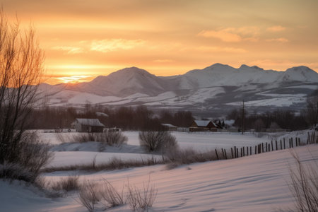 winter sunrise, with the sun peeking over the mountain range and casting its warm light across the snow, created with generative aiの素材