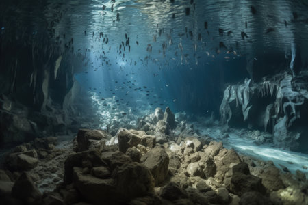 close-up of intricate underwater cave formations, with schools of fish swimming among them, created with generative aiの素材