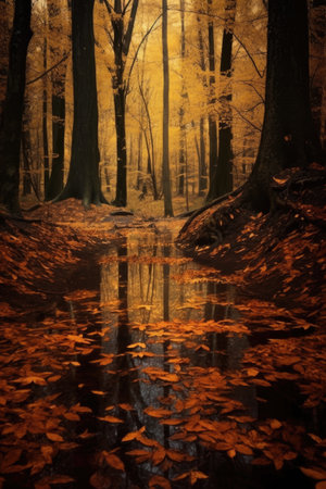 fallen leaves on the ground in a tranquil forest, created with generative aiの素材