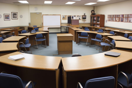 classroom with students desks arranged in a circle for discussion or lectures, created with generative aiの素材