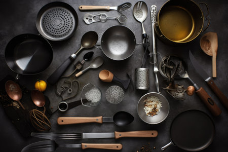 a collection of different cooking utensils, each in their own flatlay, created with generative aiの素材
