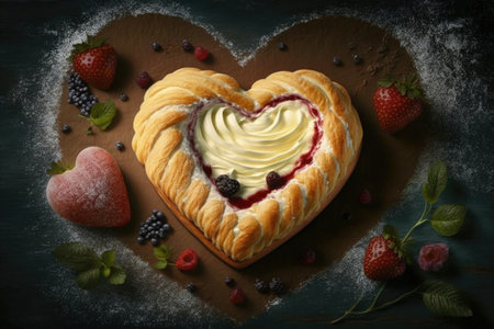 heart-shaped danish pastry with a fruit filling surrounded by cream cheese, created with generative aiの素材