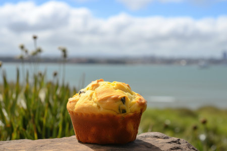 yellow muffin with a view of the ocean, ready for a picnic in the park, created with generative aiの素材