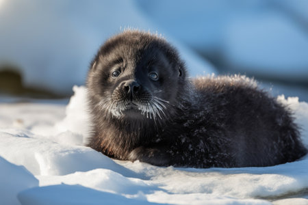 seal pup basking in the sun, surrounded by ice and snow, created with generative aiの素材