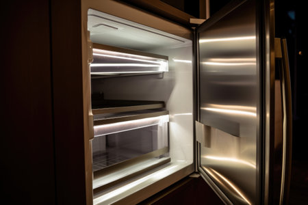 close-up of refrigerator door, featuring illuminated interior light and sleek design, created with generative aiの素材