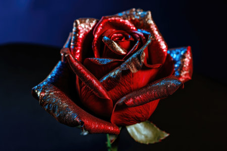 shimmering red rose against deep blue background, created with generative aiの素材