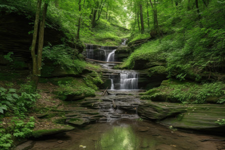 peaceful forest setting, with cascading waterfalls and greenery, created with generative aiの素材