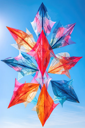 colorful kites soaring against a clear blue sky, created with generative aiの素材