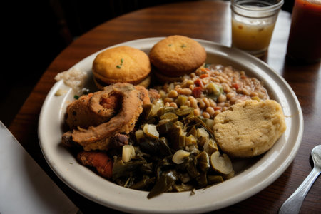 classic southern vegetable plate, with black-eyed peas, fried okra, and cornbread, created with generative aiの素材
