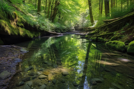 forest stream with shallow waters and crystal clear reflections, created with generative aiの素材