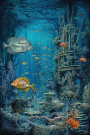 blue underwater scene with fish and coral, created with generative aiの素材