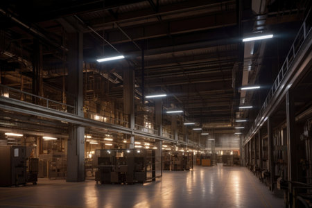 smart lighting solutions in industrial setting, with overhead pipes and factory machinery visible, created with generative aiの素材