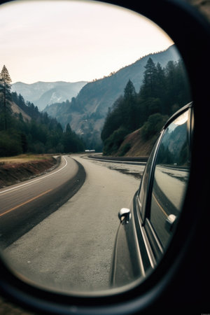 cars side mirror reflecting a scenic landscape, created with generative aiの素材