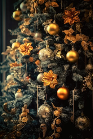 christmas tree with golden ornaments close-up, created with generative aiの素材