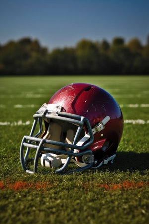 american football helmet on playing field, created with generative aiの素材