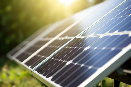 close-up of solar panels, with the sun shining brightly, created with generative aiの素材