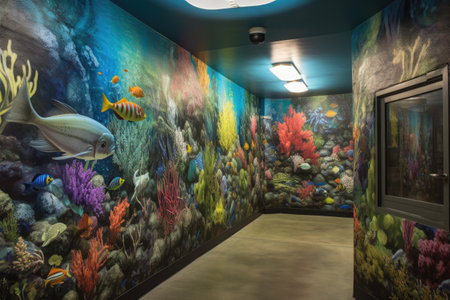 murals of marine life, with vibrant fish and coral, created with generative aiの素材