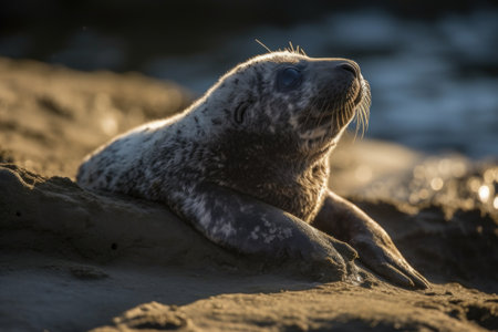 seal pup stretching its limbs in the morning sun, created with generative aiの素材