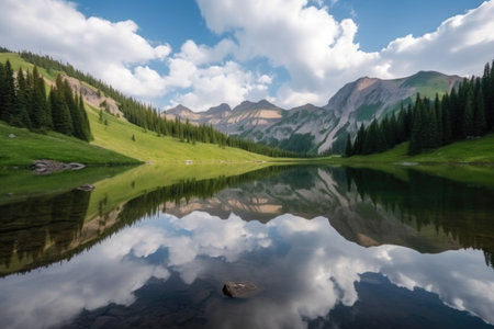 peaceful mountain lake reflecting the peaks and clouds in the distance, created with generative aiの素材